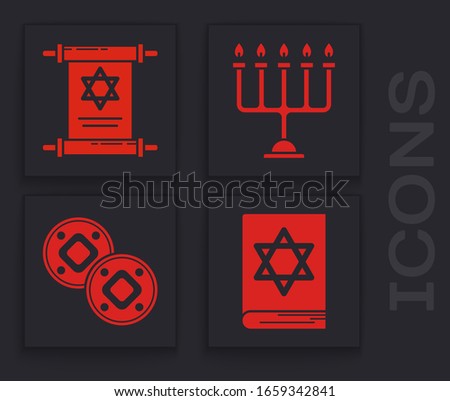 Set Jewish torah book, Torah scroll, Hanukkah menorah and Jewish coin icon. Vector
