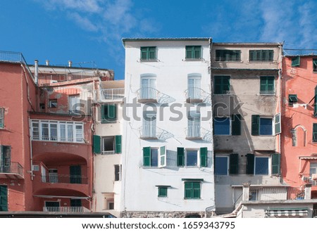 The unique colorful pastel houses in Portovenere, Italy in the Cinque Terre national park