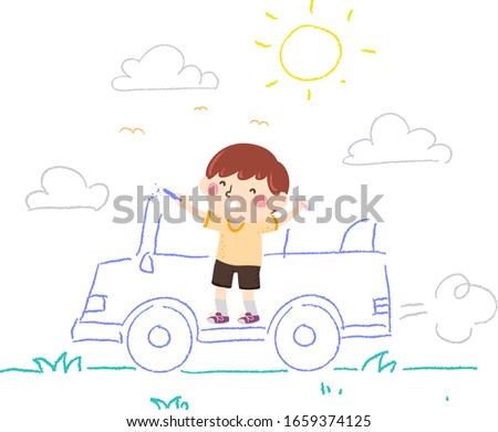 Illustration of a Kid Boy Holding Colored Chalks and Drawing a Car Outside