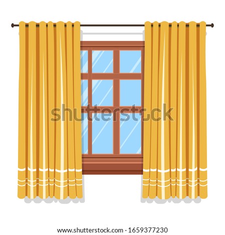 Windows with curtains, blinds or shutters, fabric and wood, interior design vector isolated icon. Textile shade, indoor decor, cotton, silk or lace. Glass and plastic, drapes and coziness element