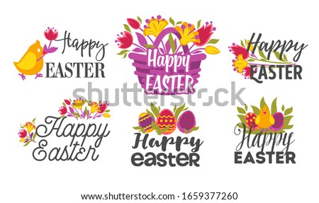 Happy easter isolated greeting icons eggs and bunny or chicken vector lettering grass and tulip flowers basket rabbit or hare bird spring religious holiday emblem or logo CHristianity traditions.
