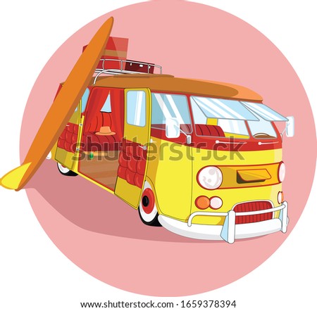 Retro van with surfboard and baggage in pink circle. Vector illustration.