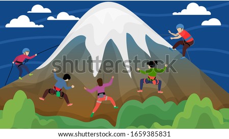 Equipped group of people alpinists men women climbing hillside high mountain with snow peak vector illustration flat style. Mountaineering extreme activity sport concept.