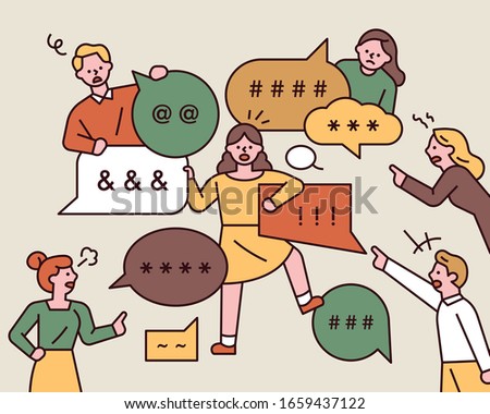 Many are fingering and nagging. Among them, a woman is under psychological pressure. flat design style minimal vector illustration.