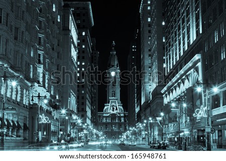 Philadelphia city hall  by night , Pennsylvania USA