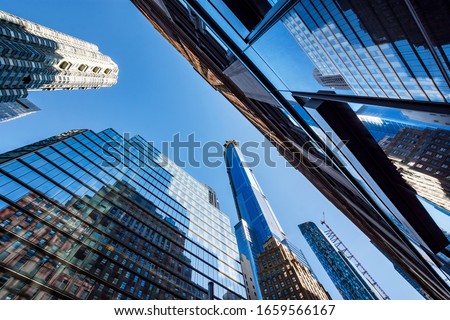 Worm's-eye view architecture background , Midtown Manhattan, New York City, USA