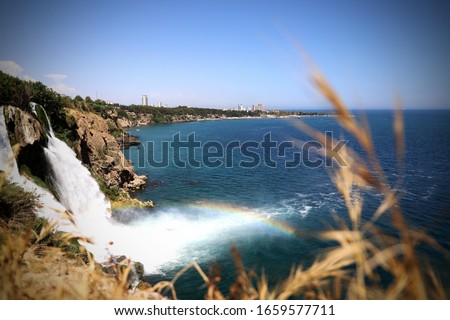 Beautyful view of Rainbow on Duden Waterfall in Antalya's sea side 