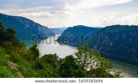 The Iron Gate or Djerdap Gorge - gorge on the Danube River in Djerdap National Park, Serbia and Romania border. This is the narrowest point of the largest and longest gorge in Europe. View from Serbia