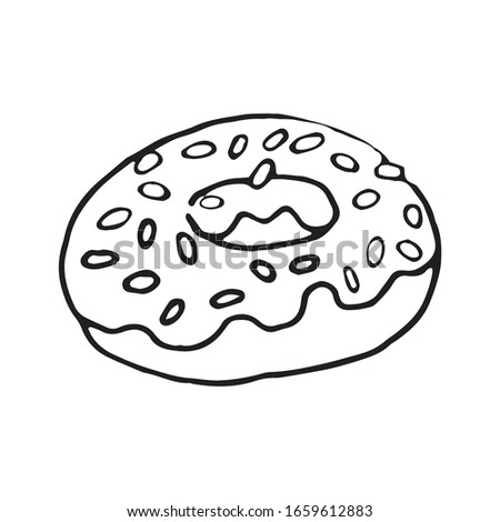 Hand drawn vector cute donut with sprinkles. Doodle style. Black outline isolated on white. Design for greeting cards, scrapbooking, textile, wrapping paper, cafe or restaurant menu, food infographic.