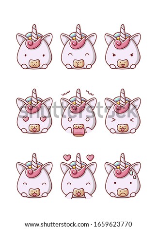 set of emotions unicorn cute kawaii isolated on white background flat hand drawn cartoon