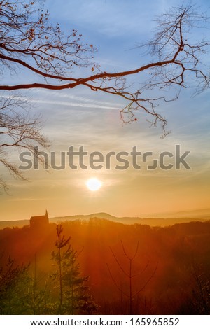 Lovely Silhouette Winter Landscape Panorama Picture of Northern Bavaria, Germany in the sunset