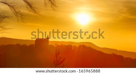 Lovely Silhouette Winter Landscape Panorama Picture of Northern Bavaria, Germany in the sunset