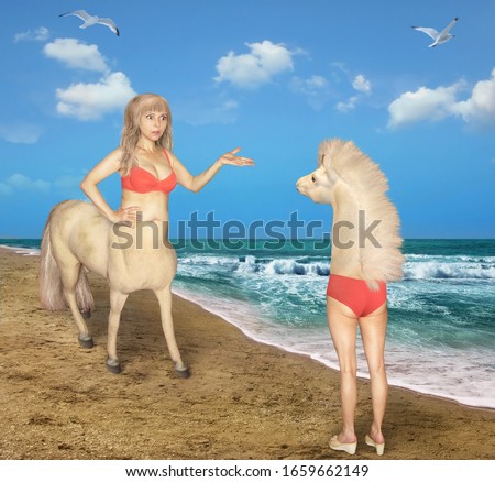 The female centaur meets the strange horse on the beach of the sea. She was very confused.