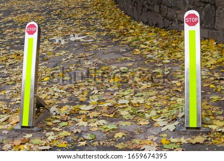 Foldable street bollards. No parking and no entrance posts. Delineators. Stop sign. Asphalt covered with fallen autumn leaves.