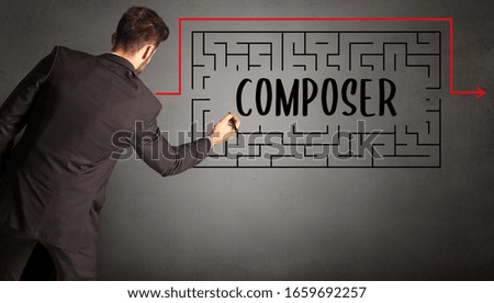 businessman drawing maze with COMPOSER inscription, business education concept