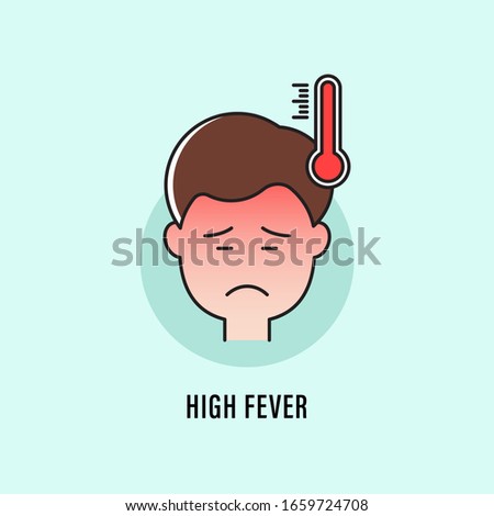 Man Character Illustration with Sad and Red Face Having Flu, High Temperature and High Fever. Thermometer Icon. Vector Illustration Royalty-Free Stock Photo #1659724708