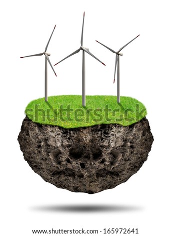 Small island with wind turbines on white background