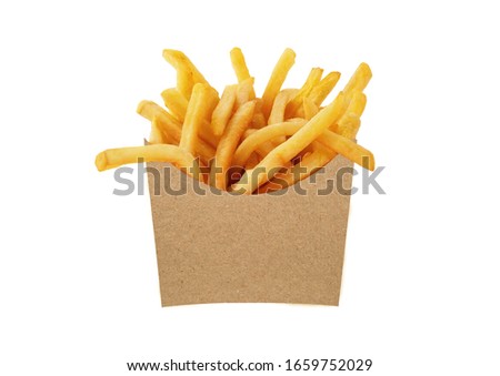 French fries in a brown kraft paper bag isolated on a white background Royalty-Free Stock Photo #1659752029