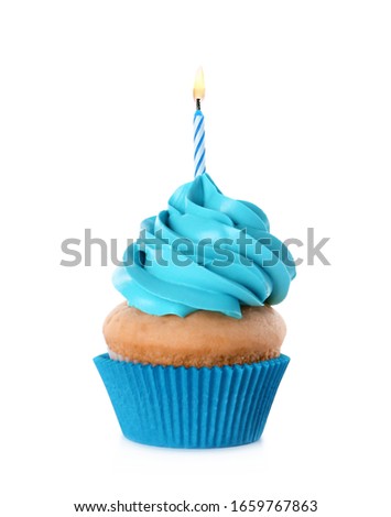 Delicious birthday cupcake with candle isolated on white