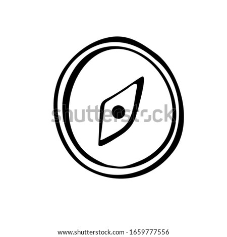 Vector, minimalist. compass image. Doodle style, cartoon. Outline isolated on white background. Compass with a starry wind rose. For coloring books, magazines and travel websites. Sketch style icon. 