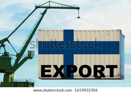 port crane holds a container with Finland flag, concept of shipping, distribution of goods in a global business