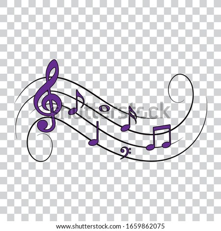 Music notes, purple with swirls, vector illustration.