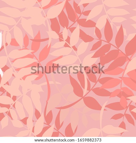 Abstract exotic leaves seamless pattern. Hand drawn tropical summer background: leaf contours, silhouette, splash, splatters, dots. Vector art illustration in vivid colors