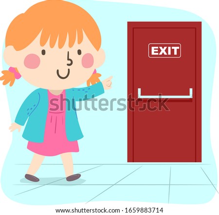 Illustration of a Kid Girl Pointing to a Fire Exit Door with an Exit Sign