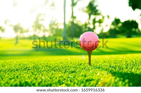 Golf ball on tee on golf course over a blurred green field at the sunset. Golf ball on tee over a blurred green field. 