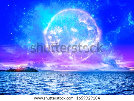 Magical scenery sea galactic sun sci-fi blue glow 