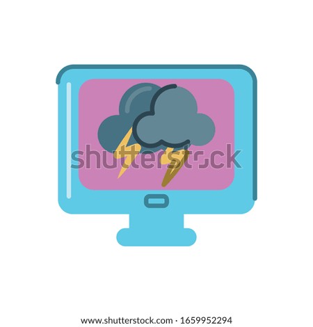 computer with storm clouds icon over white background, flat style icon, vector illustration