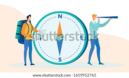 Backpackers Travelling Flat Vector Illustration. Male Friends, Tourist, Explorer with Spyglass near Huge Compass, Looking for Direction. Cartoon Hitchhiker with Backpack, Holding Map with Route