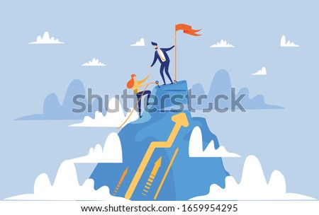 Young Man in Blue Suit and Tie, Making Reach for His Partner, Persistent Woman, to Help Her to Get on Mountain Top. Success in Business is Compared with Climbing High Hills. Teamwork and Support.