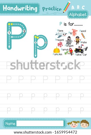 Letter P uppercase and lowercase cute children colorful ABC alphabet trace practice worksheet for kids learning English vocabulary and handwriting layout in A4 vector illustration.