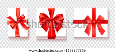 White gift box with red color bow knot, ribbon isolated on transparency  background. Happy birthday, Christmas, New Year, Wedding or Valentine Day package concept. Vector illustration top view