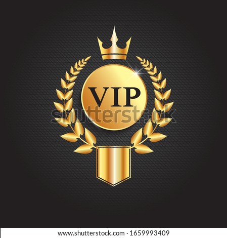 Luxury creative golden vip label. Premium label or card template design on dark background. Golden laurel wreath with  crown and shield.  Vector VIP invitation design template.