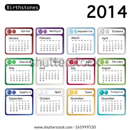 A 2014 calendar showing birthstones for each month. Also available in vector format. Royalty-Free Stock Photo #165999530