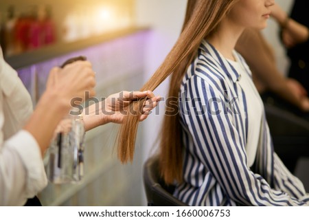 closeup of young girl's long hair and hairdresser hands holding them going to cut split ends. Beauty, hair concept Royalty-Free Stock Photo #1660006753