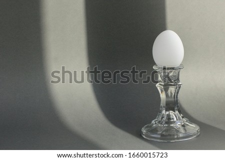 A white chicken egg in a vintage classic glass candlestick holder on a textured gray background with a shadow. Creative minimal modern concept of food, Easter.