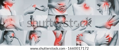 Medical problems collage. Young female showing pain in different body parts Royalty-Free Stock Photo #1660017172