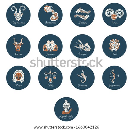 Set of 13 round zodiac signs with Latin names Capricornus, Aguarius, Pisces, Aries, Taurus, Gemini, Cancer, Leo, Virgo, Libra, Scorpius, Sagittarius and Ophiuchus. Vintage icons and buttons. Vector.