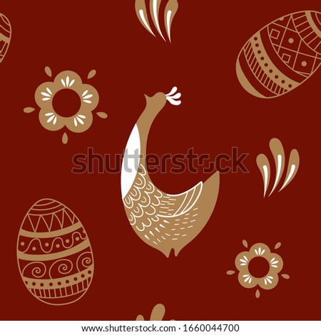 easter seamless pattern with chicken, eggs, flowers on red background. ornament eggs and chicken.