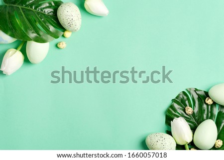 Greeting composition from small quail eggs, green eggs and green tropical leaf plant on a pastel turquoise background.
