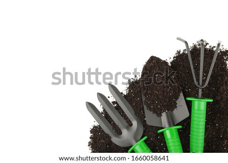 Set of plant care utensils with soil isolated on white background, top view