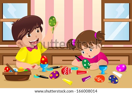 A vector illustration of kids painting Easter eggs at home