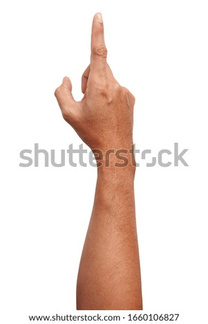 Male Asian hand gestures isolated over the white background. Pointing Visual Touch Action.
