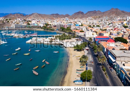 Aerial view of Laginha beach in Mindelo city in Sao Vicente Island in Cape Verde Royalty-Free Stock Photo #1660111384