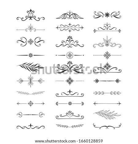 Set of hand drawn dividers, borders, frames, lines. Elegant vintage design elements. Vector isolated illustration.