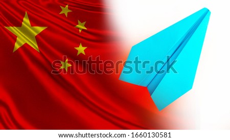 Chinese flag and paper airplane. External tourism in the Republic of China. Travel of Chinese citizens to other countries. The concept of exporting goods from China. Immigration from PRC.