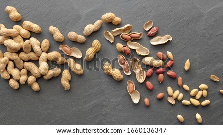 flat lay wave shape of roasted unsalted peanuts, peanuts in skin and peanuts in shell, food ingredients, Arachis hypogaea Royalty-Free Stock Photo #1660136347